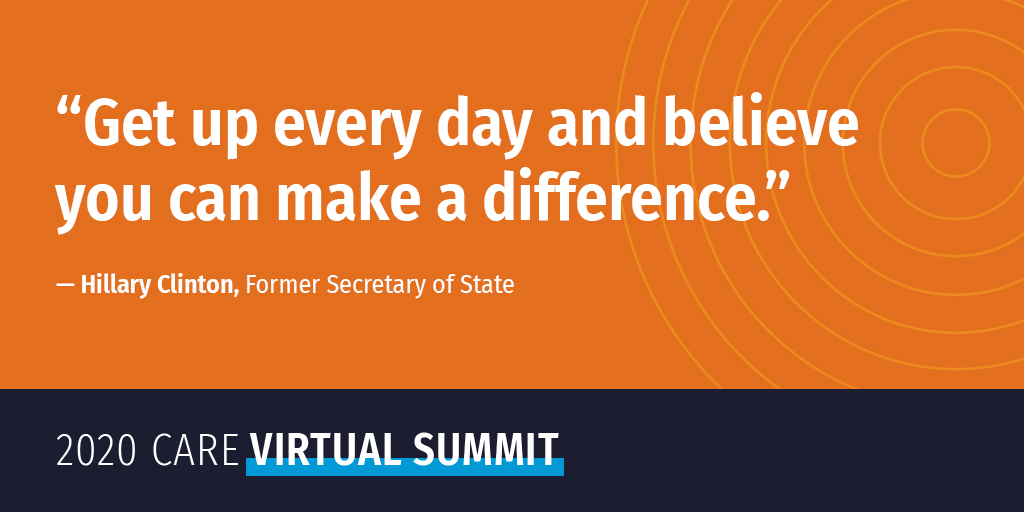 CARE's tweet photo. Thank you @HillaryClinton for joining us at the 2020 CARE Virtual Summit and for inspiring thousands of advocates online tonight to make a difference here at home and around the world. #WomenEqual https://t.co/18o2YM43Z6