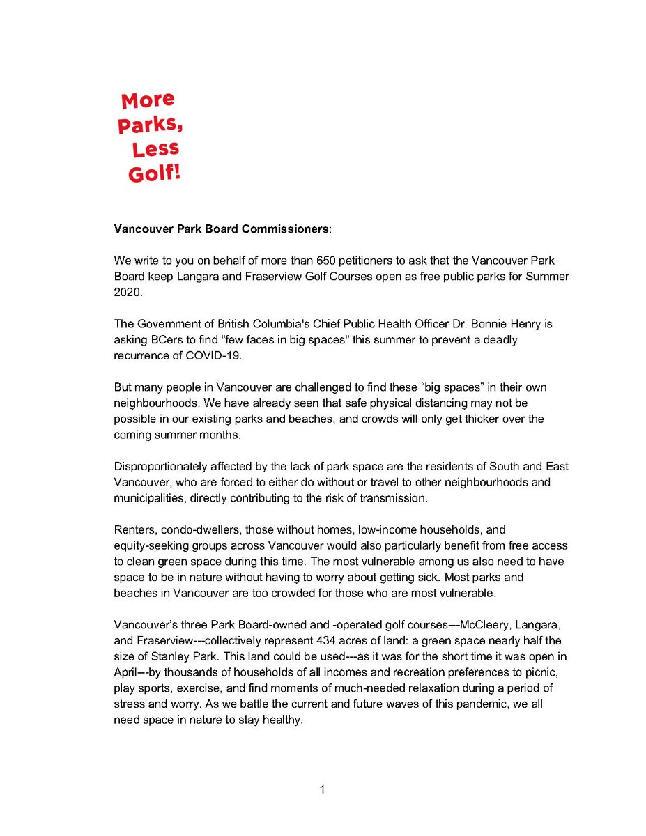 parksnotgolf's tweet photo. On behalf of over 650 petitioners, we sent this letter to @ParkBoard asking them: during a global pandemic, do we have the right balance between pay-to-play golf and free public parks in Vancouver? https://t.co/nDzSjpZprW