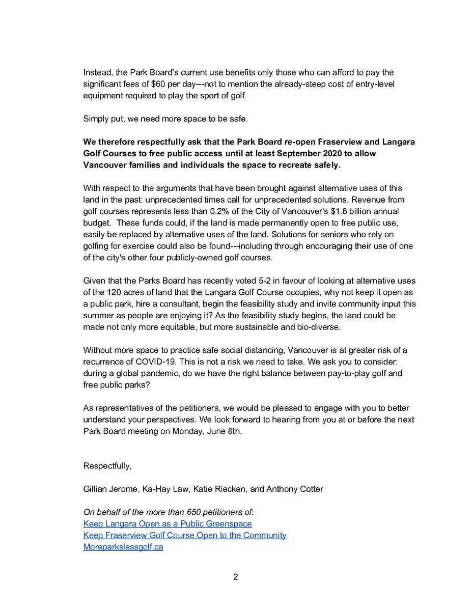 parksnotgolf's tweet photo. On behalf of over 650 petitioners, we sent this letter to @ParkBoard asking them: during a global pandemic, do we have the right balance between pay-to-play golf and free public parks in Vancouver? https://t.co/nDzSjpZprW