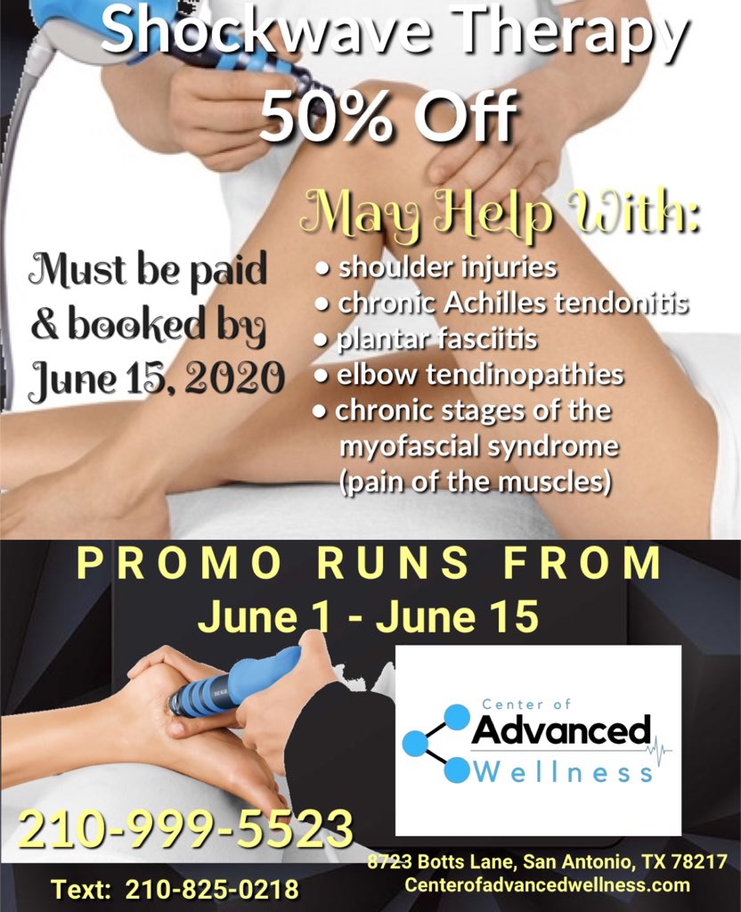 CtrAdvancedWell's tweet image. Only 6 days left to take advantage of the 50% off for Shockwave Therapy!  You must pay &amp;amp; book by June 15, 2020! Call 210-999-5523 Solo quedan 6 días para aprovechar el 50% de descuento para la terapia de ondas de choque! Debes pagar y reservar antes del 15 de junio! 210-999-5523