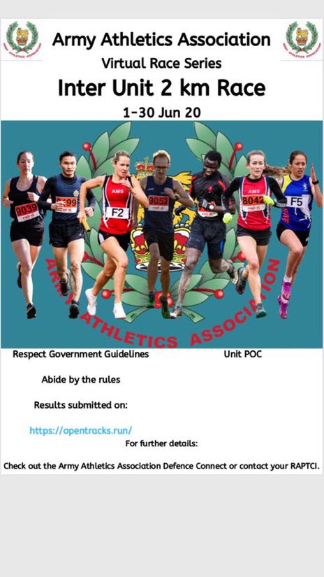 Army Athletics (@armyathleticaaa) on Twitter photo Has your unit entered, Event 2 in the AAA virtual running series?
Distance is 2km.
Any standard, it’s the taking part that counts!
🏃♀️data.opentrack.run/en-gb/x/2020/G… <a href="/ArmySportASCB/">Army Sport</a> Has your unit entered, Event 2 in the AAA virtual running series?
Distance is 2km.
Any standard, it’s the taking part that counts!
🏃♀️data.opentrack.run/en-gb/x/2020/G… <a href="/ArmySportASCB/">Army Sport</a>