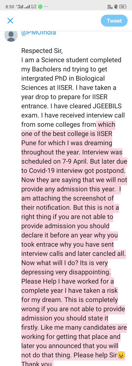 GayatriBhattad's tweet photo. @HRDMinistry 

Respected Sir, 
I am a Science student completed my Bacholers nd trying to get intergrated PhD in Biological Sciences at IISER. I have taken a year drop to prepare for IISER entrance. I have cleared JGEEBILS exam, received interview call. Please read it👇 https://t.co/2tgfQfh4XP