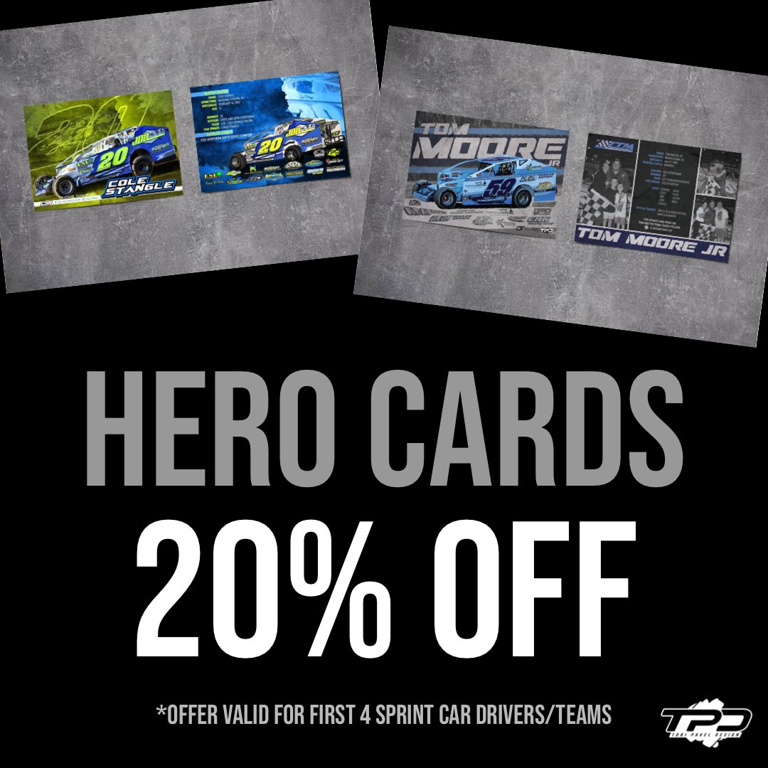 toripaveldesign's tweet photo. ‼️ATTENTION SPRINT CAR TEAMS‼️

I want to get a few Sprint Car hero card designs added into my skill set and portfolio.  I am offering 20% off to the first 4 Sprint Car Drivers/Teams. 

Be the first to message me to get a discount and a quick turnaround! https://t.co/IHwEkT3b9Z