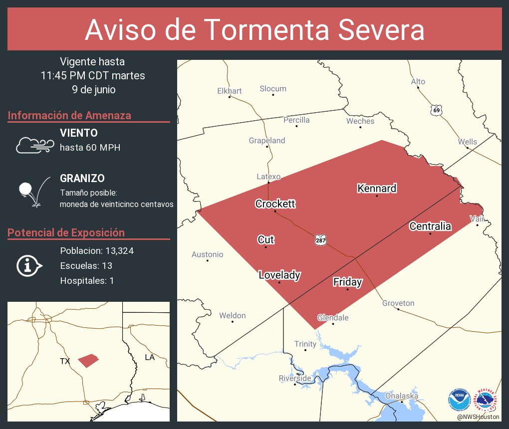 Aviso de Tormenta Severa incluye Crockett TX, Lovelady TX, Kennard TX