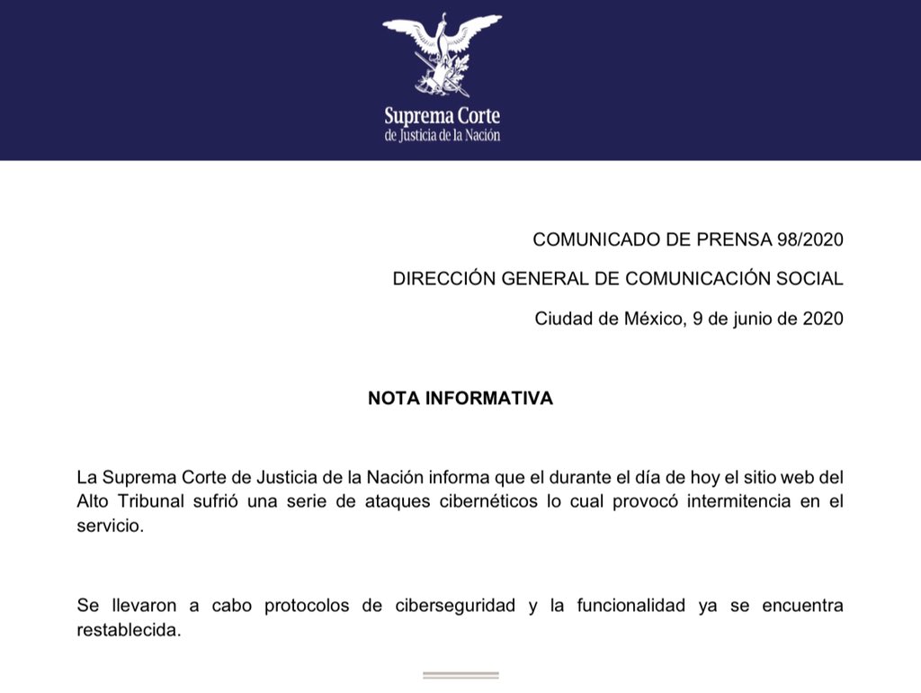 SCJN's tweet image. La #SCJN informa que la página web del Alto Tribunal sufrió una serie de ataques cibernéticos lo cual provocó intermitencia en el servicio.  Su funcionalidad ya se encuentra reparada, el servicio está restablecido al 100%.