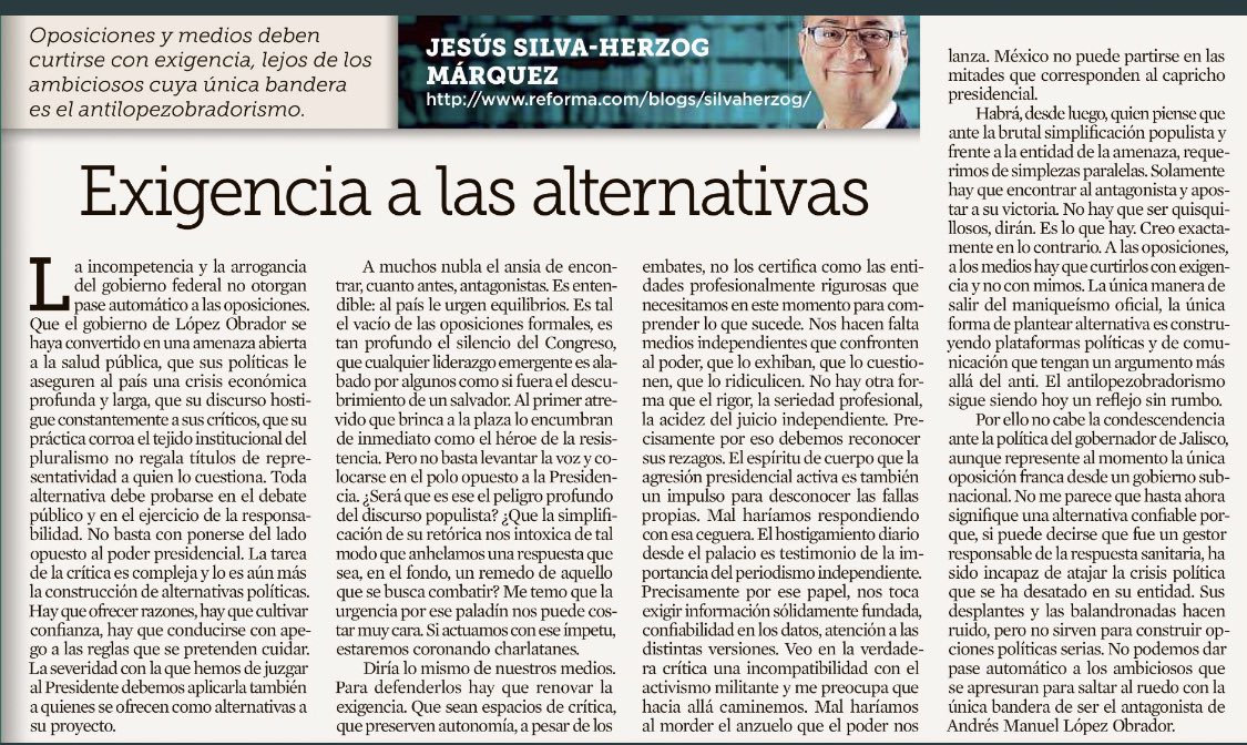 escajos's tweet photo. Ayer se me pasó compartir la columna de Jesús Silva Herzog Márquez. Y es de las que hay leer y releer y volver a leer. https://t.co/XEQeOGdX7j