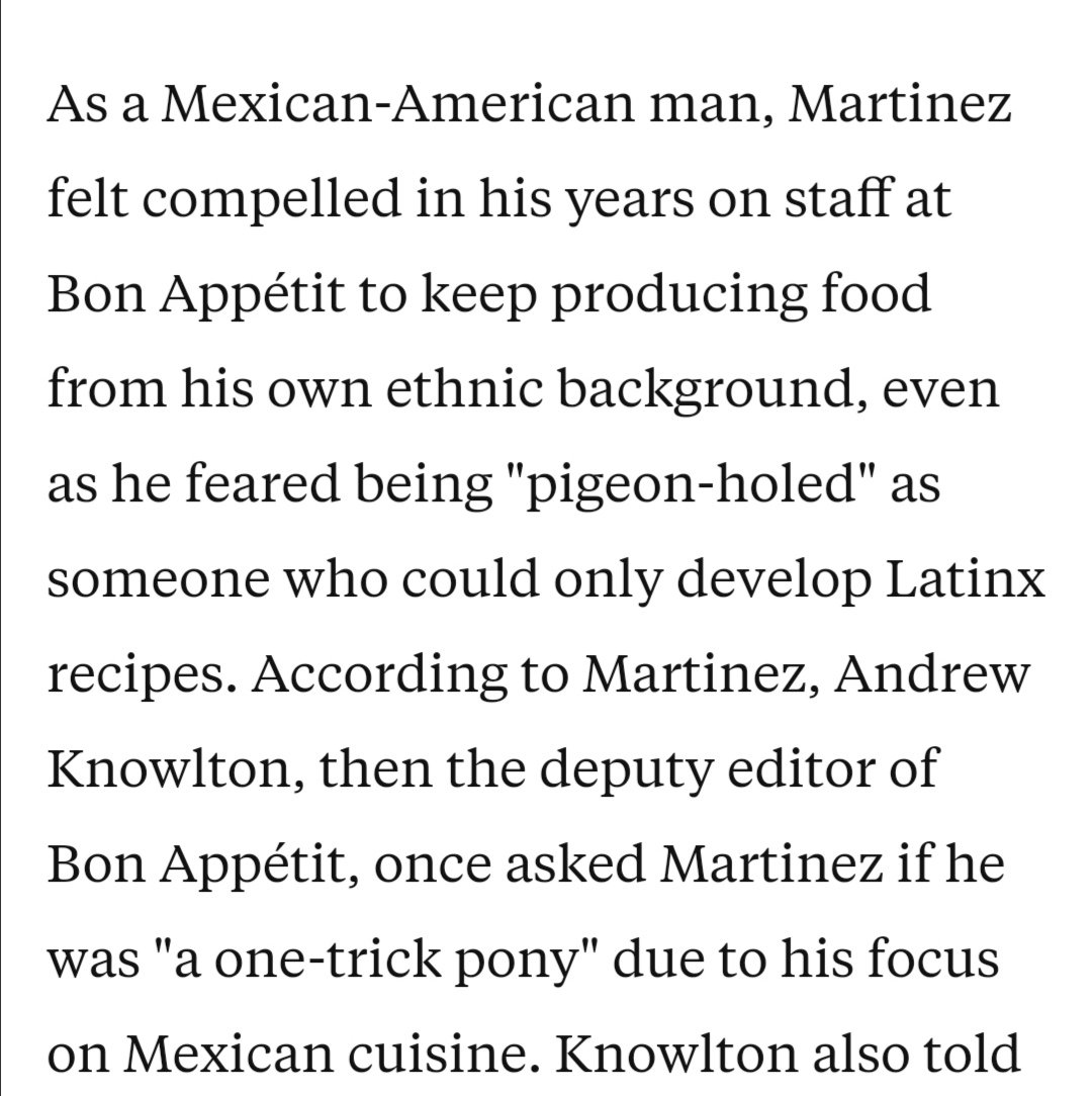 mottisjandra's tweet photo. I was angry at the mess w bon appetit, but this part from the business insider article about how Rick Martínez was treated for focusing on mexican food has me shaking with rage. Imagine saying that mexican cuisine is easy and calling rick a one trick pony

fuck andrew knowlton! https://t.co/q4lkR6TL4u