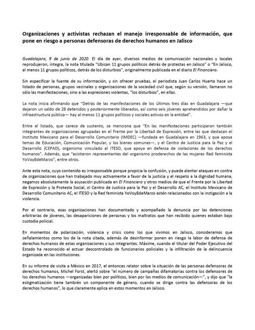 imdecac's tweet photo. #AltoALaCriminalización| Rechazamos el manejo irresponsable de información, que pone en riesgo a defensor@s de derechos humanos en #Jalisco #DefenderEsUnDerecho #JusticiaParaGiovanni  @ElFinanciero_Mx @Nacion321 @EnriqueAlfaroR @FiscaliaJal @MacedonioTamez - @julioastillero https://t.co/G8Vvp5iKwA