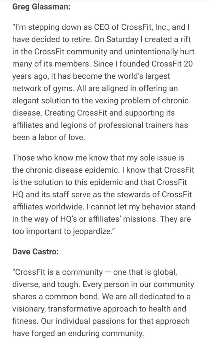 DerekFSpx's tweet photo. Officially statement from Greg Glassman on stepping down as CEO of CrossFit. Dave Castro to take over https://t.co/uUg9c9Odu5 #WEWS https://t.co/3hqE5A7gOJ