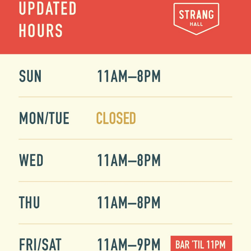 stranghall's tweet photo. Exciting news, we have extended our hours 🎉. Starting tomorrow you can visit us as early as 11 am. Weekend brunch &amp; late-night drinks are on the horizon! #StrangHall https://t.co/EsY4IsTfWx