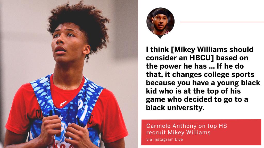 Carmelo says Mikey Williams can change college sports if he goes to an HBCU.