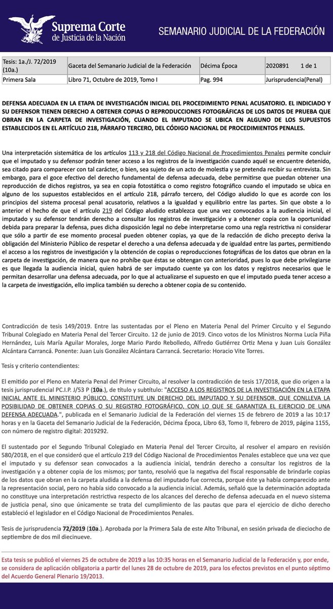 SCJN's tweet image. Desde la investigación inicial en el procedimiento penal el indiciado y su defensor tienen derecho a obtener copias de la carpeta de investigación, en virtud del derecho a una defensa adecuada. #Jurisprudencia ⚖️
📝 bit.ly/3dHeijf