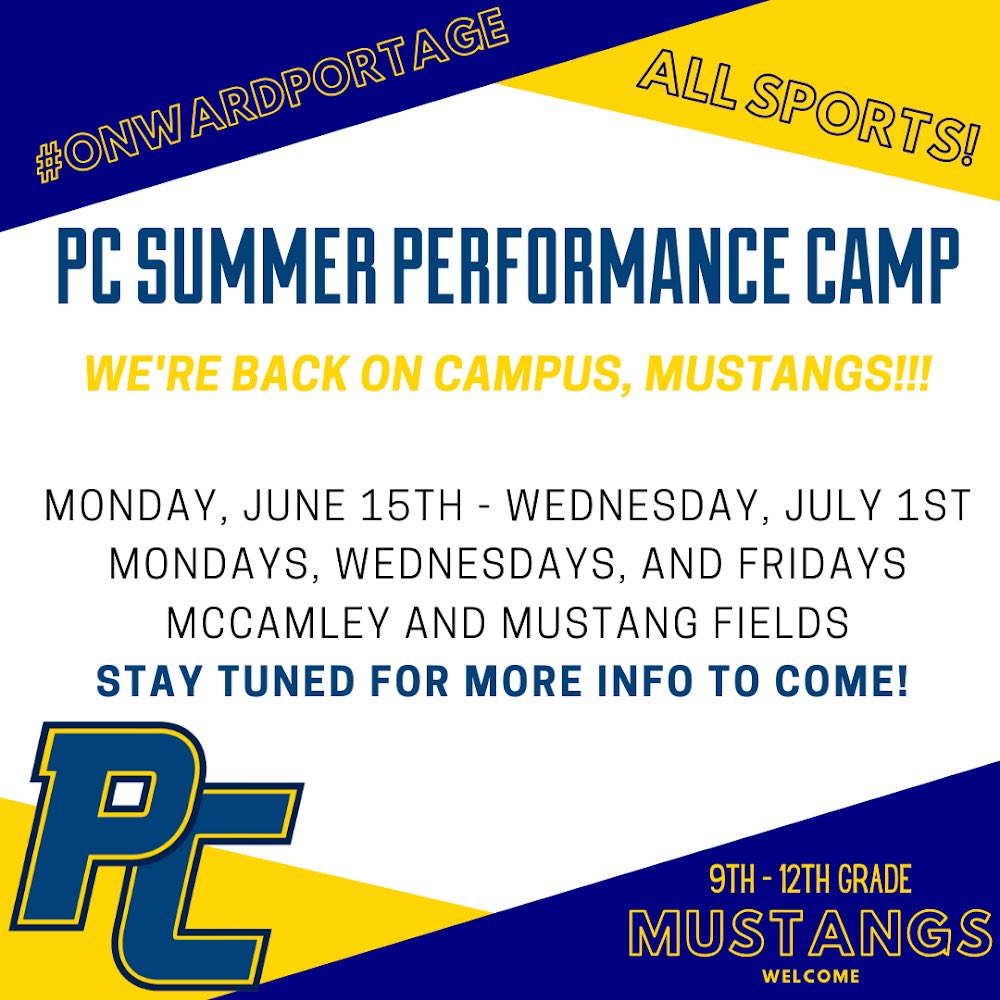 We’re back!! PC Athletics will be hosting a three week Speed and Agility Performance camp for all returning student athletes starting on Monday, June 15th. More info will be dropping tomorrow with specific times, team locations, and safety protocols. We are PC! #OnwardPortage