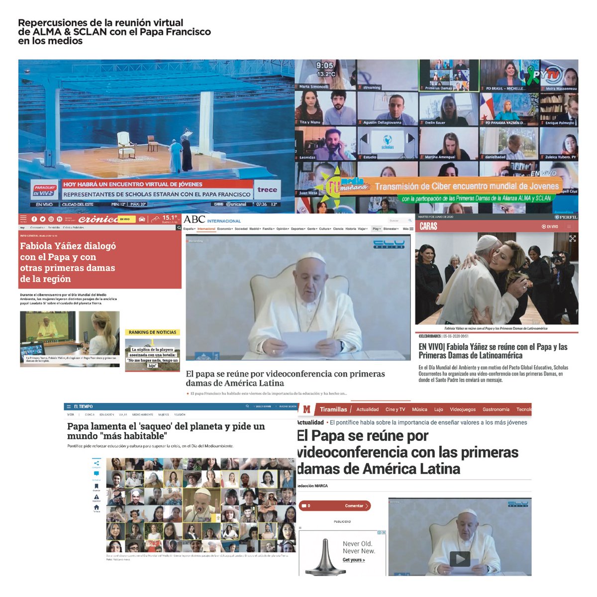 alianzaalma's tweet photo. La participación de las Primeras Damas de Latinoamérica #ALMA y el Caribe #SCLAN durante el Ciberencuentro Mundial de Jóvenes con el Papa Francisco, generó una amplia repercusión en los medios de comunicación.
Más información: https://t.co/rIDYs9Xy2x https://t.co/RIt2aYjqEI