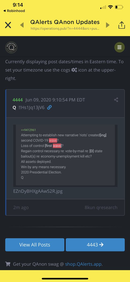 Sun_Q_Tzu's tweet image. New Q 4444

This is exactly what Q is talking about. A “second wave” narrative is now being pushed by FakeNews in the last 24 hours. Q told us this was coming. Deep state desperate to recapture control and distract public.  They will blame riots for spreading 2nd wave #Qanon