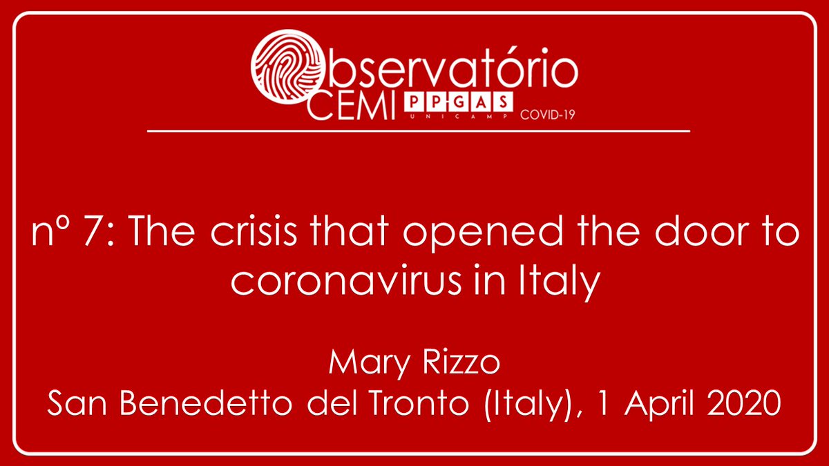 'There have been many theories about why Coronavirus has struck Italy so violently. At first, it was approached as if it were a logistics problem to resolve, and the solution...'

Acesse na íntegra em: bit.ly/3cSB2vL
#COVID19 #ItalyCoronavirus #ObservatorioCEMI