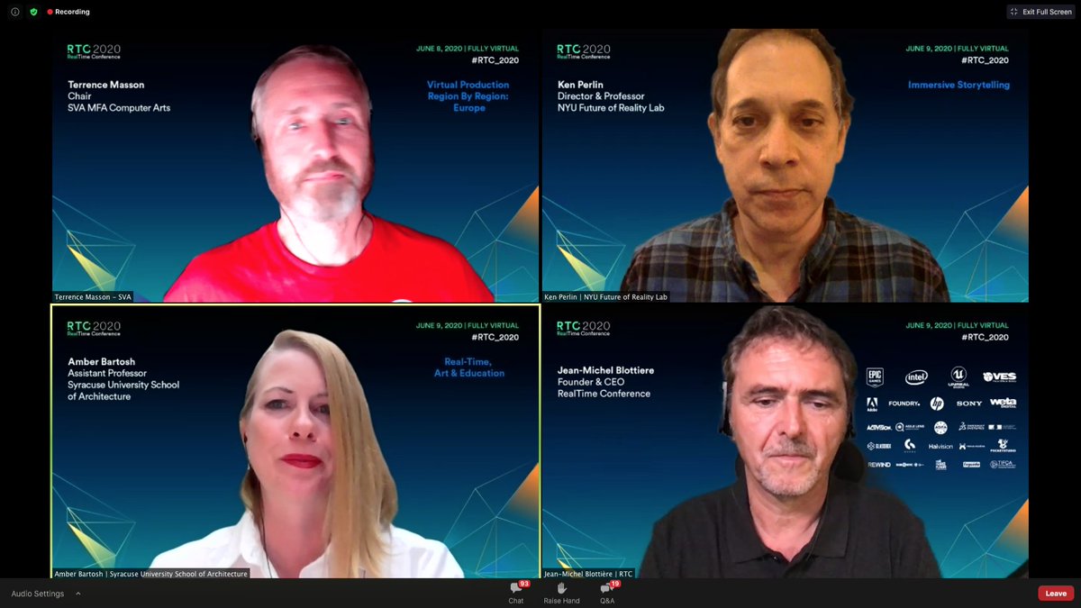 Realtime_Conf's tweet photo. And now for our last panel #RTC_2020: @AmberBartosh @Syr_Arch, @tmasson @SVA_News &amp; #KenPerlin @nyufrl discussing the Future of #RealTime in Experimental #Art &amp; #Education! https://t.co/h0bWxcYVdd