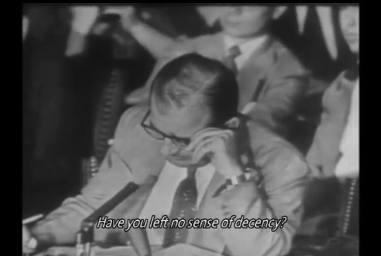 JesseRodriguez's tweet image. As @jaketapper reminds, on this day in 1954... more relevant words haven’t been uttered at a senate committee hearing, by Joeseph Welch. “Have you no sense of decency?”