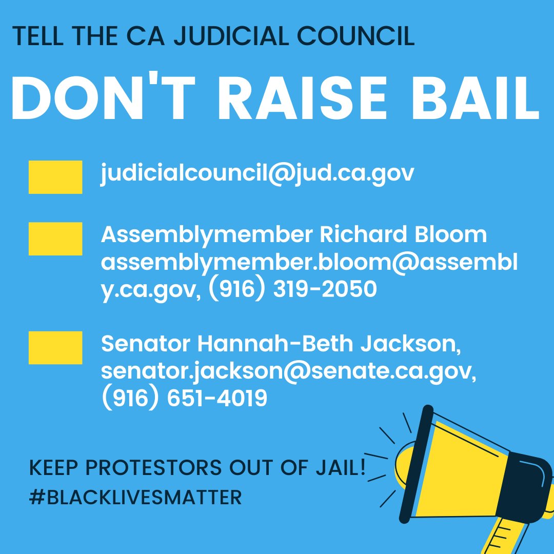🚨ACTION ALERT🚨 

<a href="/CalCourts/">California Courts</a> voting btwn now &amp; 4pm Wed whether to end emergency $0 bail created to protect public health. 

With a raging pandemic &amp; millions protesting police brutality, now is NOT the time to jail more ppl for low-level offenses &amp; exercising their rights!