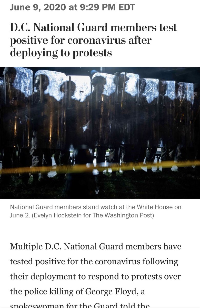 Abraar Karan (@abraarkaran) on Twitter photo According to <a href="/washingtonpost/">The Washington Post</a> and <a href="/AP/">The Associated Press</a>, members of the DC National Guard who were deployed to control the protests tested positive for #covid19 & “most D.C. Guard members were not wearing face coverings”
Just going to leave that there for now.
washingtonpost.com/nation/2020/06… According to <a href="/washingtonpost/">The Washington Post</a> and <a href="/AP/">The Associated Press</a>, members of the DC National Guard who were deployed to control the protests tested positive for #covid19 & “most D.C. Guard members were not wearing face coverings”
Just going to leave that there for now.
washingtonpost.com/nation/2020/06…