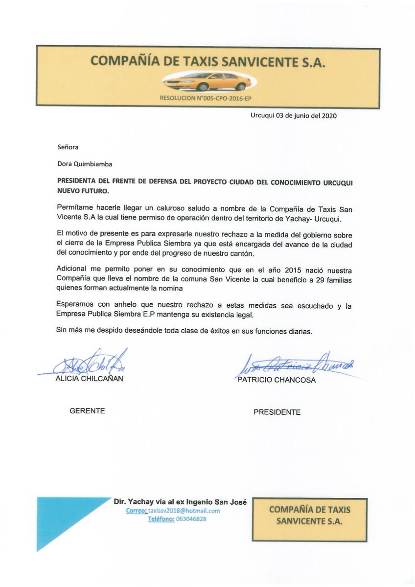 La compañía de Taxis SAN VICENTE S.A 🚕, expresa su respaldo a #SIEMBRAEP, ya que se ha generado fuentes de empleo para 29 familias quienes forman parte de la nómina de la compañía la cual se encuentra operando dentro del territorio de Yachay.
#Siembraesempleo