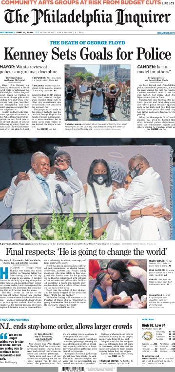 lukereasoner's tweet photo. An early look at the front page Wednesday’s Philadelphia Inquirer @PhillyInquirer.
Subscribe to the @PhillyInquirer here: https://t.co/DnGW2LbYPy
#newspapers #journalism #read #printrocks #journalismrocks #supportlocalnews #philly #news #GeorgeFloyd #Kenney #NJ #coronavirus https://t.co/IyxuBLMvfX