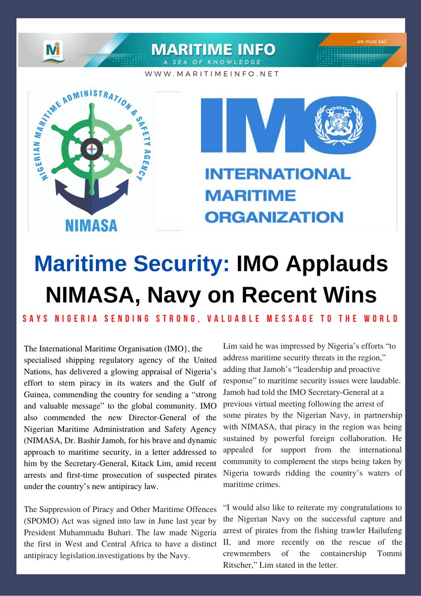 JamohBashir's tweet image. #SecurityisPriority.Thank you @IMOHQ for the note of encouragement. We @nimasaofficial shall redouble our efforts, maintain focus &amp;amp;vigilance towards ensuring stable seas in our region. Thank you @MBuhari @NigerianNavy &amp;amp; all stakeholders. We&apos;re all in this together.#AllHandsonDeck