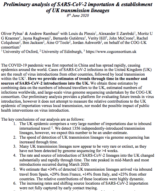 Inability to restrict travel was deadly. Paper: "UK epidemic comprises a very large number of importations due to inbound intl travel...estimate ≈34% of detected UK transmission lineages arrived via travel from Spain,≈29% from France, ≈14% from Italy" https://virological.org/t/preliminary-analysis-of-sars-cov-2-importation-establishment-of-uk-transmission-lineages/507