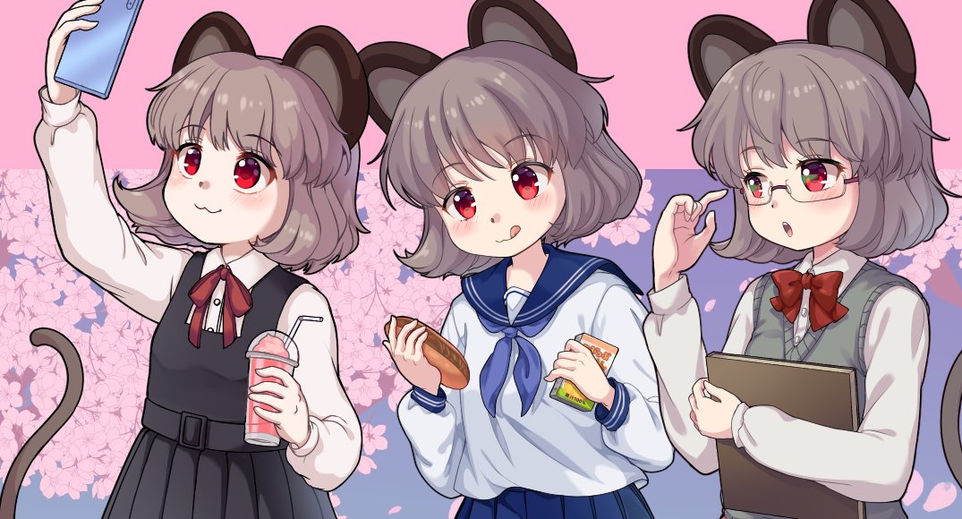 nazrin animal ears red eyes tail mouse ears school uniform grey hair glasses  illustration images