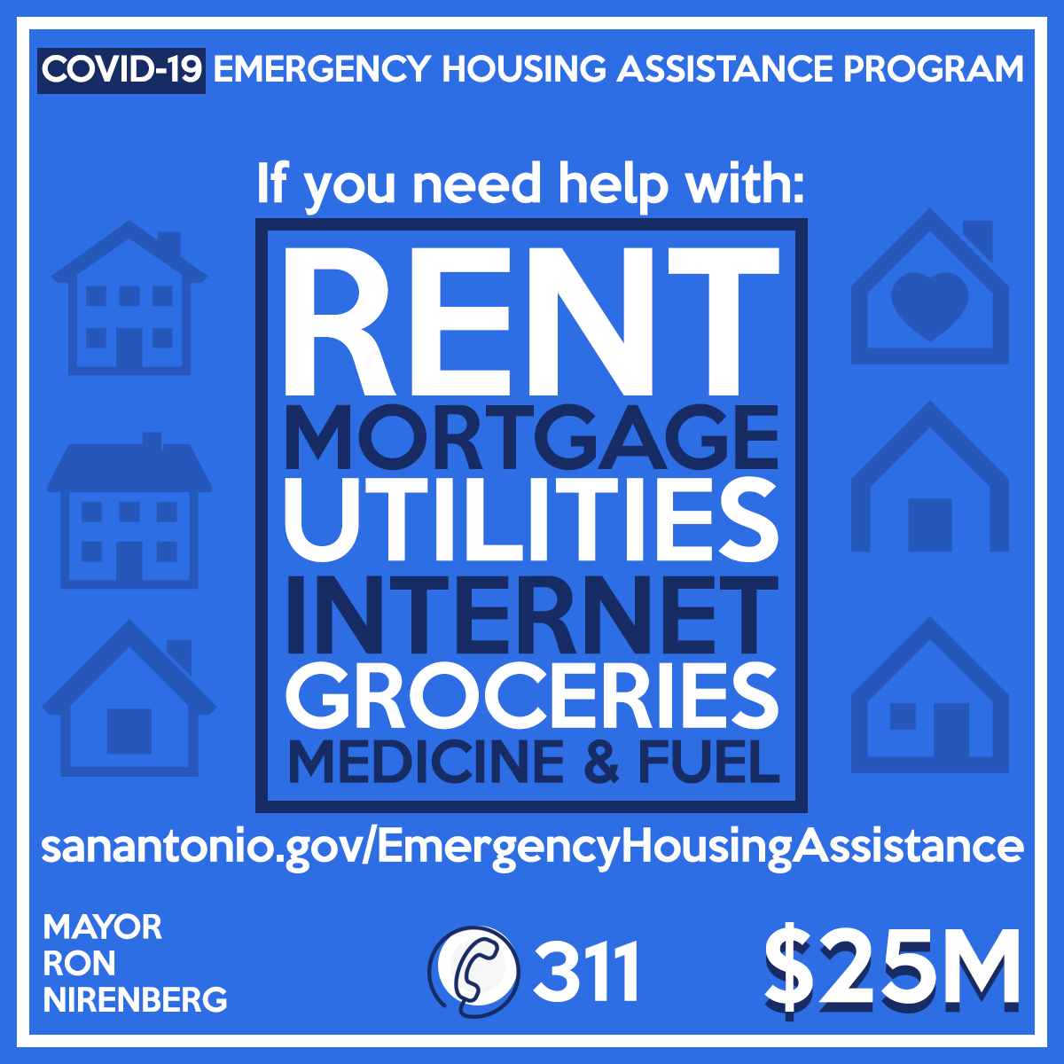 Ron_Nirenberg's tweet photo. We have a COVID-19 Emergency Housing Assistance Program, funded with $25 million from various sources.

Residents seeking assistance should visit: https://t.co/caFbKv8aeV or call 311

Text HousingHelpSA to 41444 to donate to this fund.

6/8 https://t.co/y1DzdS2iCW