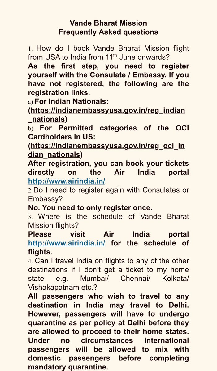 IndiainNewYork's tweet photo. #VandeBharatMission Frequent Asked Questions: Queries about the flight schedule and online booking are answered below. Please see. #IndiaFightsCorona #IndiansinUSA #AirIndia @IndianEmbassyUS @IndiainChicago @cgihou @CGISFO @CGI_Atlanta @airindiain @MoCA_GoI @iatoday @ambazaarmag https://t.co/QjjuA884ic