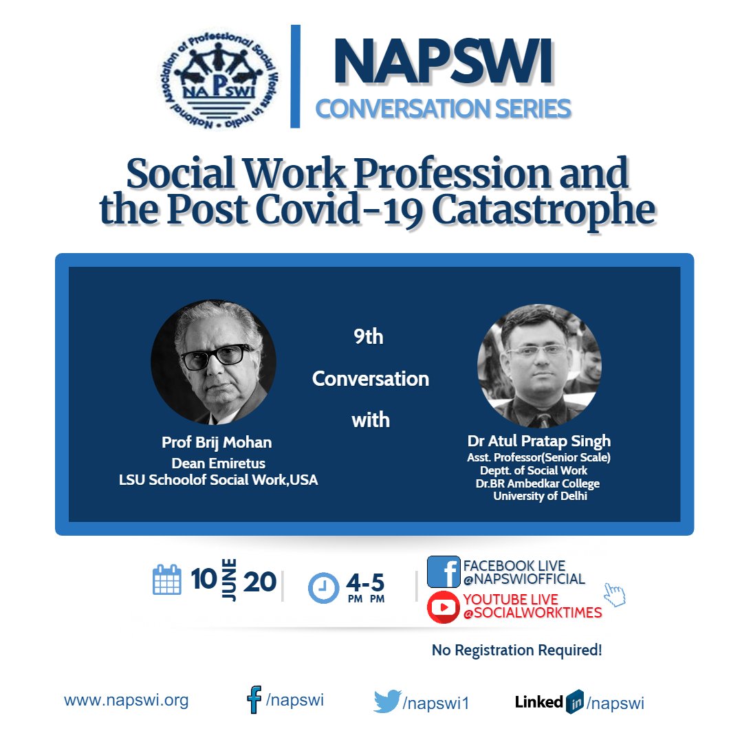 DrRohitbharti's tweet photo. National Association of Professional Social Workers in India #NAPSWI Conversation Series!! Please join!! @NAPSWI1 @sanjaibhattdu @PathareSuresh @HRDMinistry https://t.co/DNWzJWARXH