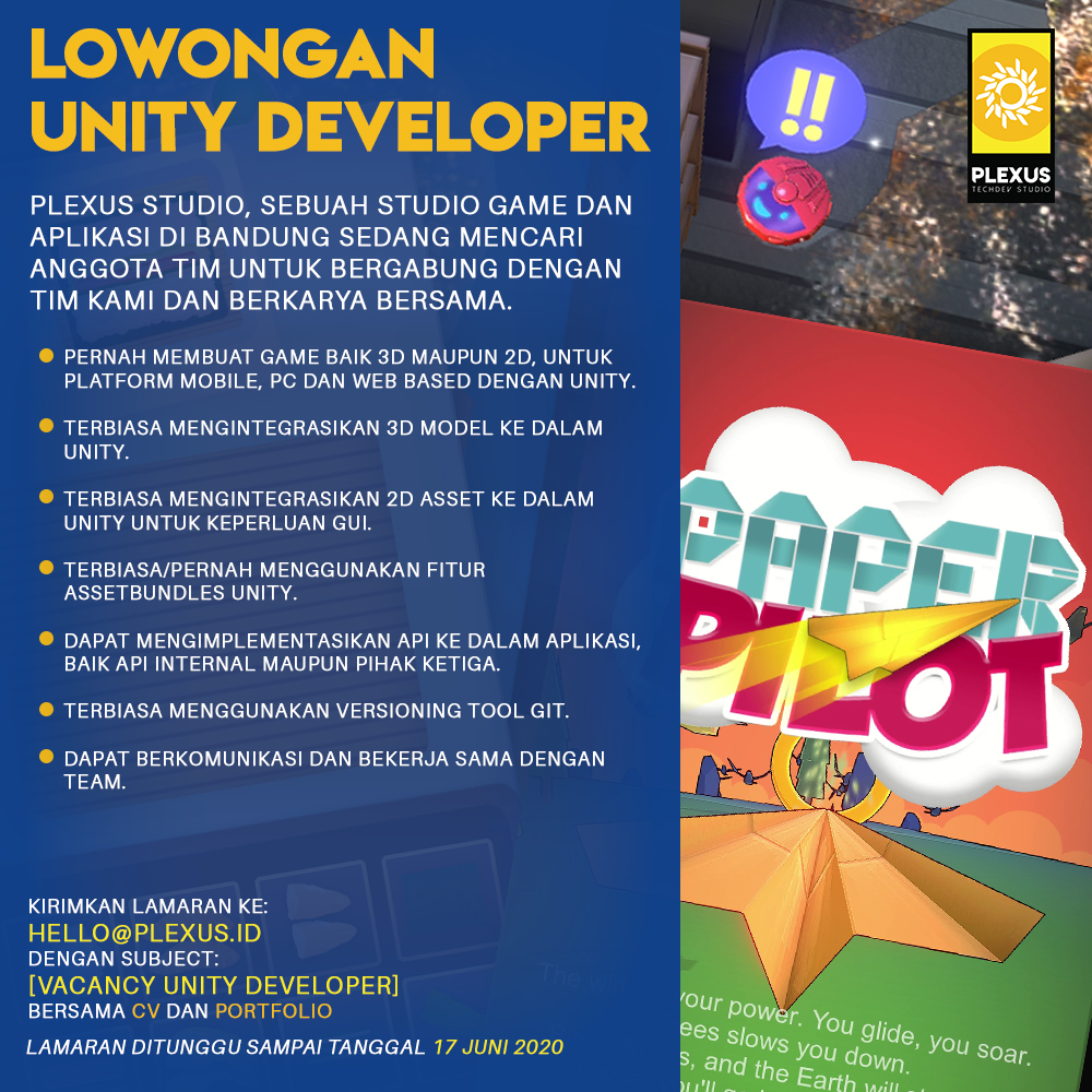 PlexusStudio's tweet photo. Halo, kami di @PlexusStudio masih cari 1 orang lagi Unity Developer untuk bergabung dengan tim kami. Silakan dilihat spesifikasinya, siapa tau cocok. Ditunggu ya :) #vacancy #lokerbandung #lokerbdg 

cc. 
@LokerBdg
@infobandung
@infobdg
@lokeruptodate https://t.co/4FXINmQ8Bv