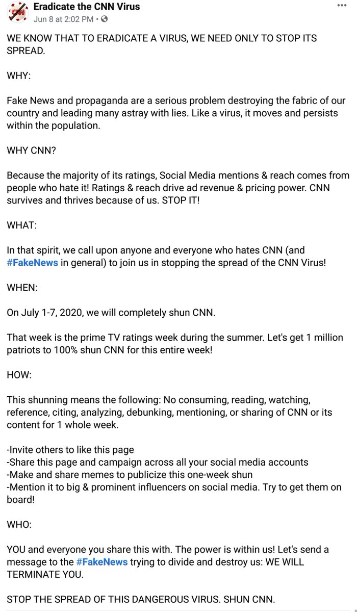 SamParkerSenate's tweet photo. @CBSNews While those phonies are protesting a fake problem, patriots should do this:
Eradicate #FakeNews by killing the #CNNVirus. By 100% shunning CNN for an entire week, we can stop its spread.
Details & Instructions below. Join me in spreading the cure!
https://t.co/rpB9Y3LweQ π https://t.co/yapwcy7MOg