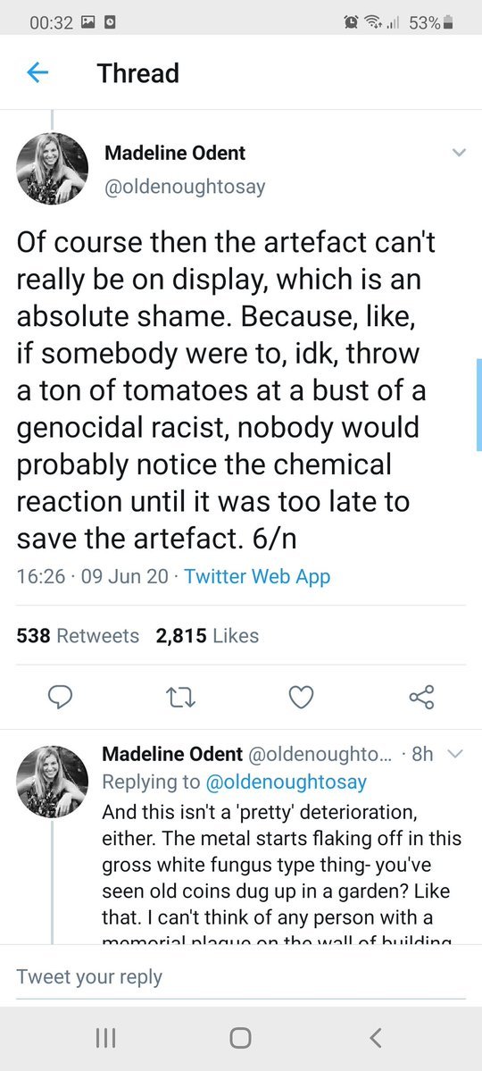 PelinoreGeryon's tweet photo. @Roystontown You should maybe take a look @ Madeline Odent's Twitter page, your museum manager appears to be very clearly inciting the criminal damage of monuments &amp; statues with detailed instructions on how to accomplish it. https://t.co/R0fjuTeXht
