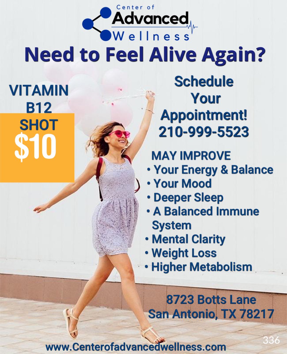 CtrAdvancedWell's tweet image. Need to feel alive again? Vitamin B12 Shot May improve your Energy, Mental Clarity &amp;amp; much more! Call 210-999-5523! Necesitas sentirte vivo otra vez? inyeccion vitamina B12 puede mejorar su energía, estado de ánimo, claridad mental y mucho más! Llámenos 210-999-5523!
