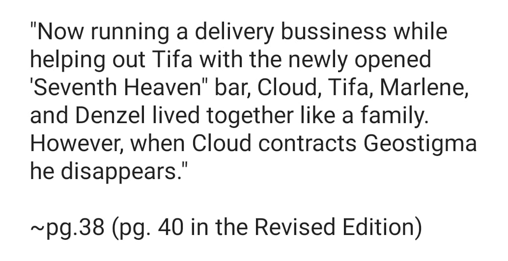 [AC]Fyi the family consist of Cloud, Tifa, Marlene and Denzel eventho Marlene still has Barret but he isn't mentioned as part of Cloud's little fam according to this official source.