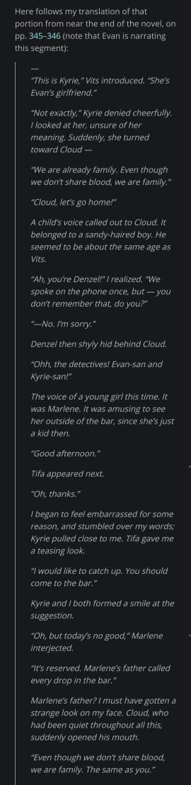 [FFVII TURKS 'The Kids Are Alright']The last line in the pic was Cloud referred to Kyrie and Evan's family form coz apparently is similar with him. Fun fact: Kyrie and Evan are romantically involved and also find themselves raising a young orphaned boy afflicted with Geostigma.