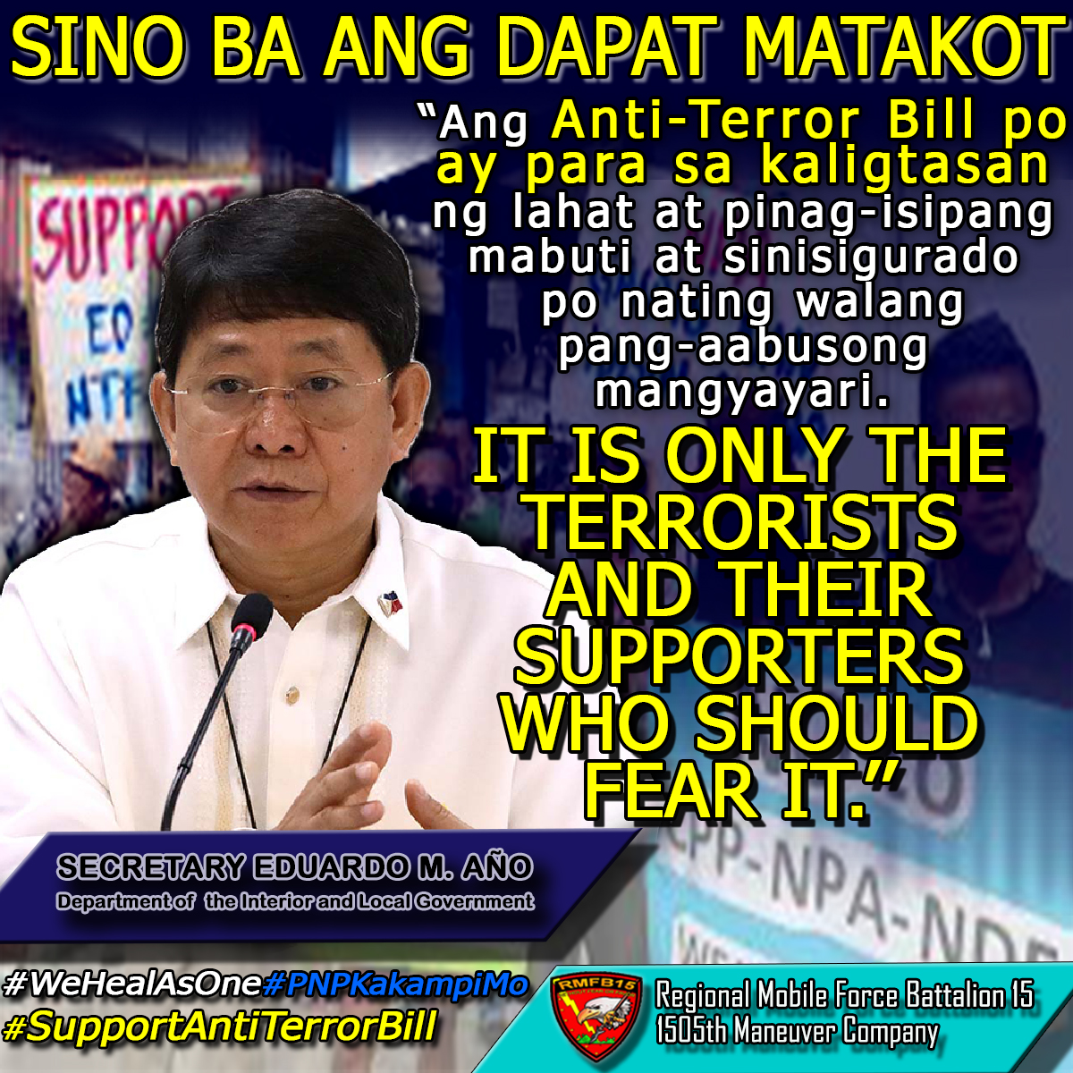 rpsc_procor's tweet photo. Mga kababayan???
Sino nga ba ang Dapat Matakot?
at Bakit ka nga ba MATATAKOT?
TERRORISTA KA BA?

PS:NABASA MO BA ANG BILL BAGO KA NAGREKLAMO?

#PNPKakampiMo
#RMFB15Cares
#UtakHindiPutak
#YestoAntiTerrorBill
#EndTerrorism
#NTFELCAC https://t.co/5B0reUUhyW