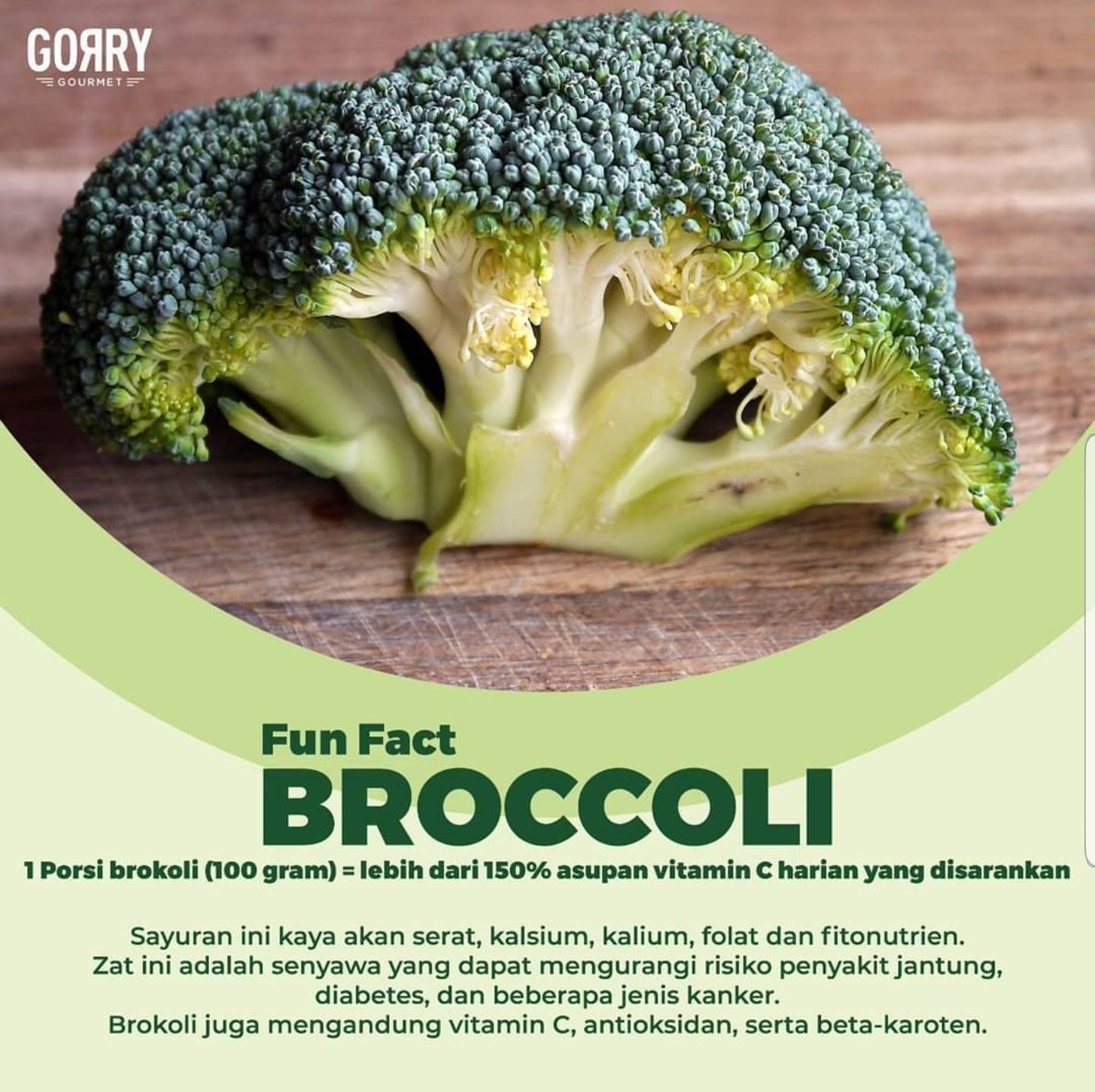Fun Fact Wednesday! Tahukah kamu kalau brokoli tinggi akan kandungan vit C dan antioksidan dan sangat sehat untuk dikonsumsi sebagai bagian menu makanan untuk diet sehat kamu #GorryMates 🥦🥦