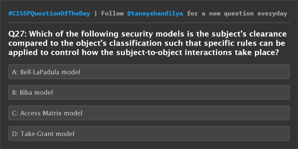 tanayshandilya's tweet image. CISSP Question of the day
#CISSPQuestionOfTheDay #cissp #cisspprep #cisspexam #informationsecurity #cyber #security #womenintech #comptia #cisco #securityplus #isaca #securitymodel #IAM #accessmanagement #siem #devsecops #gdpr #laws