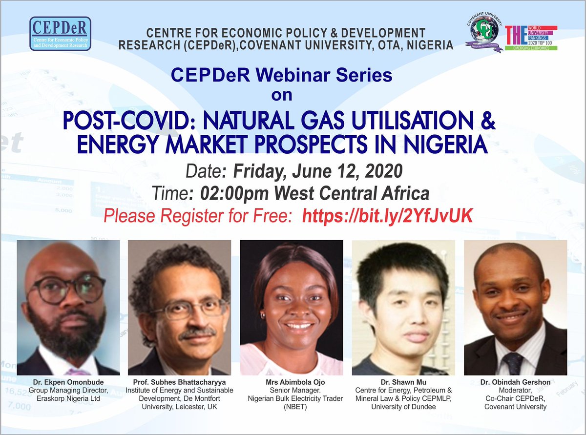 CUHEBRON's tweet image. This Friday, June 12, 2020, @CU_CEPDeR will be hosting a webinar with the theme 'Post-Covid: Natural Gas Utilisation and Energy Market Prospects in Nigeria.' Visit bit.ly/2YfJvUK to register and be part of what promises to be a most educating session.
#PostCovid19