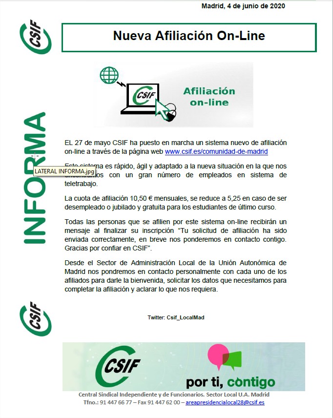 Nueva Afiliación On-Line
EL 27 de mayo CSIF ha puesto en marcha un sistema nuevo de afiliación on-line a través de la página web csif.es/comunidad-de-m…