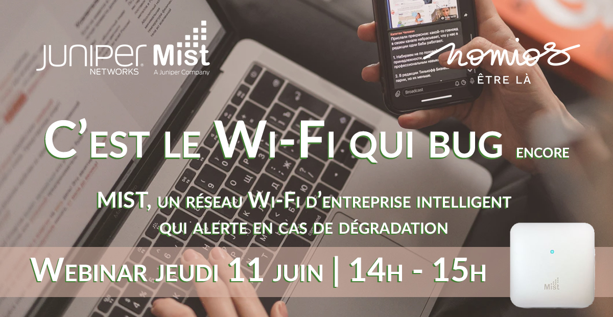 Encore le réseaux WIFI qui bug ?

Découvrez comment l'intelligence artificielle de <a href="/MistSystems/">Mist Systems</a> analyse votre réseau LAN et WIFI, vous alerte et adapte les config en temps réel.
Démonstration le 11/06 de 14h à 15h avec @JuniperNetworks

nomiosmeeting.webex.com/nomiosmeeting-…
#WIFI #reseaux #IA