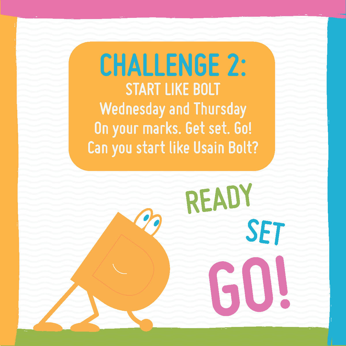 _thedailymile's tweet photo. Today and tomorrow we're starting The #DailyMile like #UsainBolt! ⚡️⚡️

Crouch down... fingers on the start line... ready, set, GO!

We'd love to see your photos and videos, so don't forget to tag #DailyMileAtHome or #DailyMileAtSchool! 📽️📸 https://t.co/mWQ8GW0jaR