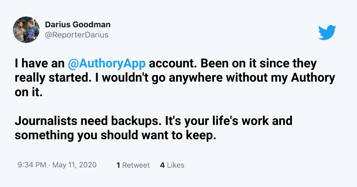 AuthoryBlog's tweet image. "Journalists need backups. It's your life's work and something you should want to keep."

We agree wholeheartedly! 👍