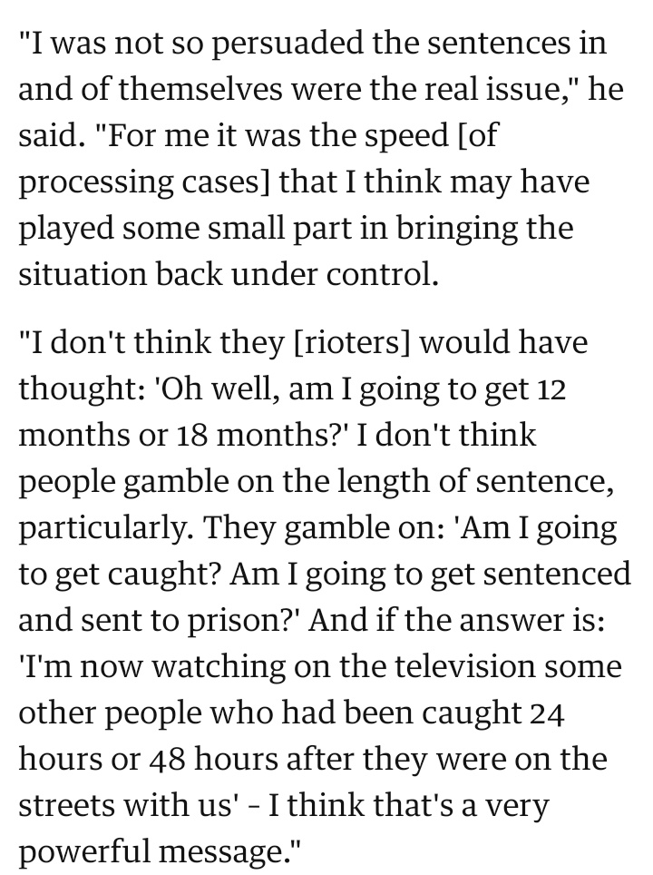 Starmer argued that convicting people of riot offences 24-48 hours after they were arrested in magistrates courts would be a deterrent to further unrest. https://www.theguardian.com/uk/2012/jul/03/riot-prosecutions-sentences-keir-starmer