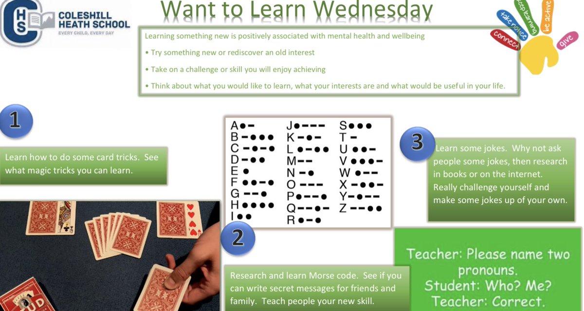 lil_missteacher's tweet photo. What will you learn today to boost your #wellbeing ? Try these from @ColeshillHeath . Maybe #learn some #cardtricks #morsecode or my favourite, some #jokes 🤣. #CHSrocks https://t.co/v1uGvR3bqr