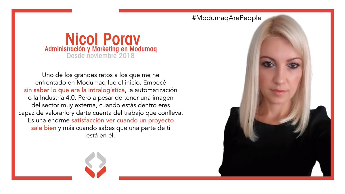 Modumaq's tweet image. 😎¿Cuánto sabes del #talentazo que tenemos en #Modumaq?

Hoy te traemos un poco de NICOL PORAV, responsable de Administración y Marketing y una figura imprescindible de nuestro #equipo.

¿Sabes cuál ha sido su gran reto en la compañía? 

#ModumaqArePeople #ATMAutomation