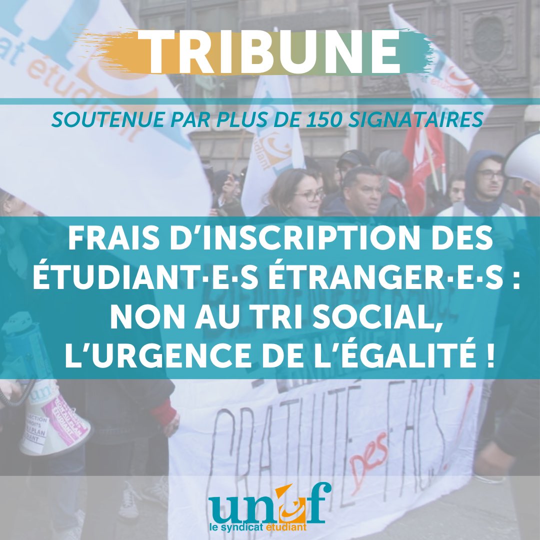 UNEF's tweet photo. 📣TRIBUNE
➕de 150 orgas, politiques, citoyen·ne·s signent la tribune initiée par l’@UNEF pr s’opposer à la ↗️ des frais d’inscription pr les étudiant·e·s étranger·e·s
Avant l’audience au @Conseil_Etat, mobilisons-nous: 3770€/an ce n’est pas modique!
➡️https://t.co/t6EVpMpkeZ https://t.co/usuIiBRrAz